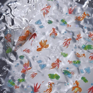 3D embossed koi fish and lotus nail art stickers with water splash patterns