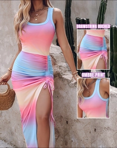 Detail of ombre print maxi dress with drawstring ruched side and adjustable split