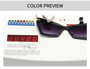 Detail view of cat eye sunglasses showing UV400 protection test on professional digital meter