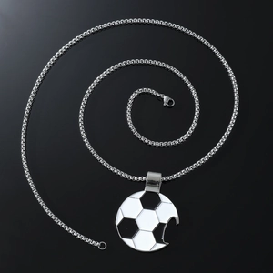 Hip hop stainless steel necklace featuring a black and white football pendant on box chain