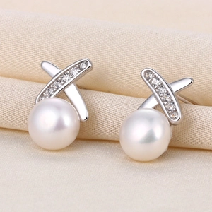 Elegant S925 silver stud earrings with crossed zircon lines and white freshwater pearls