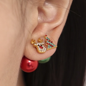 Sparkling Christmas reindeer and tree stud earrings set with colorful zircons