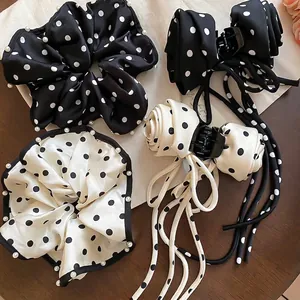 Polka Dot Satin Hair Scrunchies And Bow Ribbon Claw Clips With Imitation Artificial Pearls French Vintage Elegant Style For Women