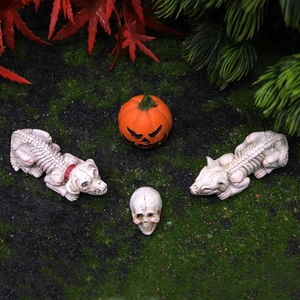 Halloween skull cat and dog skeleton figurines with pumpkin for garden decor