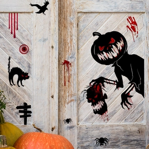 Halloween spooky wall stickers featuring pumpkin monsters and ravens on a white door