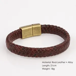 Brown braided leather bracelet with magnetic clasp and 21cm length for men and women