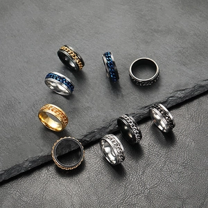 Detailed close-up of stainless steel spinner rings featuring rotating cuban link chains
