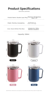 Détail de tasses isolées en acier inoxydable 304 de 500ml en quatre couleurs