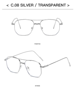 Detail view of silver aviator glasses with double metal bridge and clear lenses