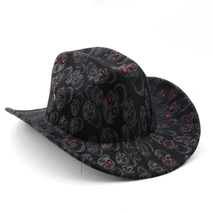 Black cowboy hat featuring grey skull patterns and sparkling red glitter eyes