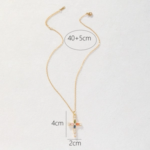 Detailed size specifications for gold cross pendant necklace with colorful zircon stones