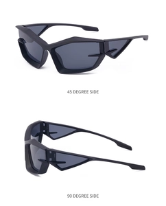 Y2K futuristic sunglasses showing 45 and 90 degree side views in matte black finish