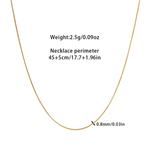 Detail view of 0.8mm gold snake chain necklace with size and weight specifications