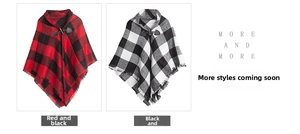 Detail view of plaid hooded ponchos with horn buttons in red-black and black-white patterns