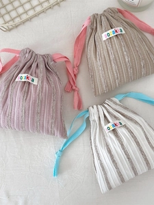 Vertical Stripe Drawstring Storage Pouch Fabric Portable Small Makeup Bag Jewelry Organizer Gadget Pocket For Women