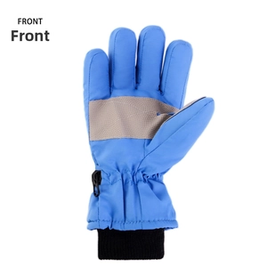 Detailed front view of blue waterproof ski gloves with non-slip palms and elastic cuffs