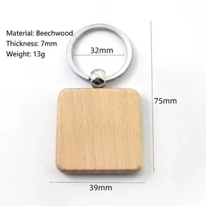 Detail showing 7mm thick beech wood keychain with measurements and silver metal ring