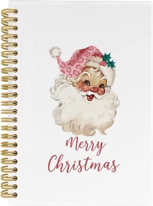 Detail of Santa Claus spiral notebook with gold wire binding and Merry Christmas design