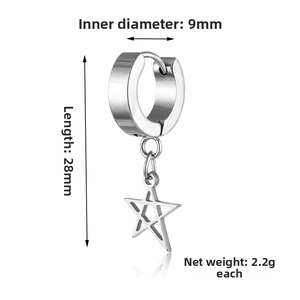 Detail of silver steel hoop earring with pentagram star pendant and dimensions