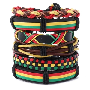 Multilayer leather braided bracelet set with colorful beads in ethnic sport style