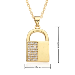 Detail of gold lock pendant showing 13mm by 19mm dimensions and zircon inlay details