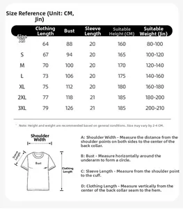 Men's T-shirt size guide chart with detailed measurements for length, chest, and sleeves