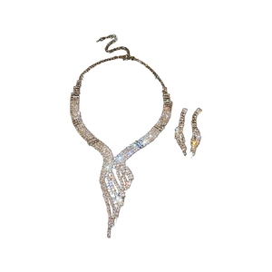 Luxury silver rhine-stone necklace and fringe earrings set for women special occasion