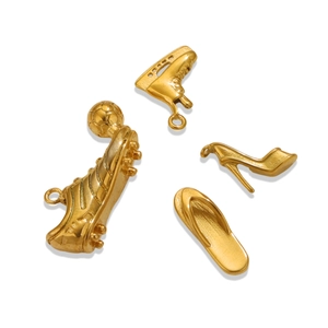 Polished gold 3D stainless steel shoe charms including soccer cleat and high heel