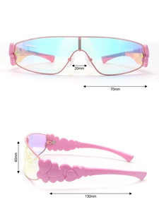 Pink heart-shaped Y2K sunglasses with gradient lenses and detailed dimensions