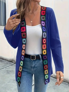 Women's dark blue ribbed knit cardigan with colorful crochet floral trim and long sleeves