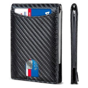 Minimalist Slim Men Wallet Carbon Fiber Texture RFID Blocking Bifold With Stainless Steel Money Clip Card Holder