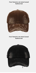 Detail view of washed cotton baseball caps with vintage distressed and ripped texture