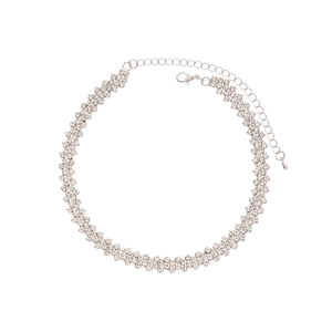 Silver rhinestone choker necklace with wavy design and lobster clasp on white background