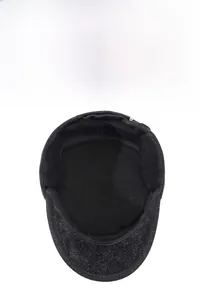 Detailed view of the thick warm fleece lining inside the black winter flat cap for elderly men