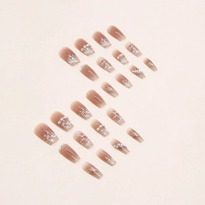 Elegant ombré pearl press-on nails with 3D beads in medium trapezoid ballerina shape