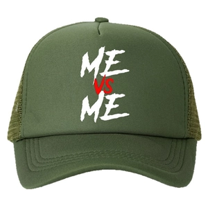 Army green trucker hat featuring ME VS ME print and breathable mesh back for sun protection