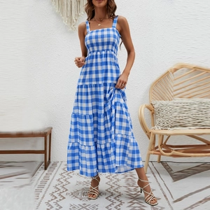 Blue and white plaid bohemian sundress with tiered skirt and smocked bodice detail