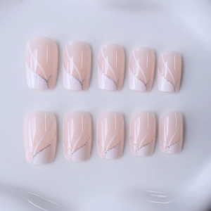 Classic nude pink square press-on nails with white wave lines and silver glitter accents