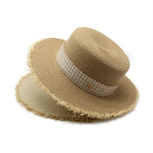 Boater Hat Paper Straw Sun Protection Beach Vacation Plaid Ribbon Frayed Brim Flat Top Summer Sunshade Accessories Women