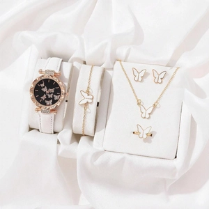 5pcs set of gold butterfly jewelry and white leather strap watch with black dial