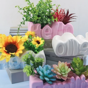 Detail of hello letter embossed planter set with artificial succulents for home decor