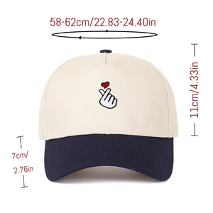 Detailed size specifications for a baseball cap with finger heart embroidery and color blocking