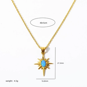 Vintage 18K gold plated stainless steel necklace with blue opal starburst pendant