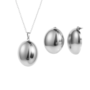 Minimalist geometric oval jewelry set with silver mirror finish necklace and stud earrings