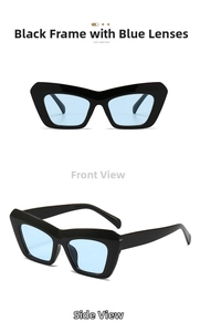 Detail view showing black thick-frame sunglasses with light blue lenses from front and side