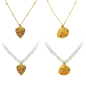 French style freshwater pearl and gold necklaces with colorful shell heart pendants