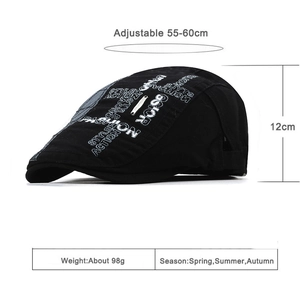 Béret rétro noir avec broderie de lettres et sangle réglable pour hommes et femmes
