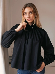 Chic black pleated high neck long sleeve blouse with elegant lantern sleeves for women