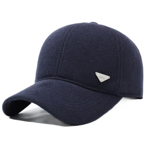 Winter wool baseball cap for men in dark blue with side metal fashion triangle logo