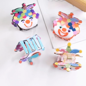Colorful cartoon clown PVC hair claw clip set for women, shown from multiple angles